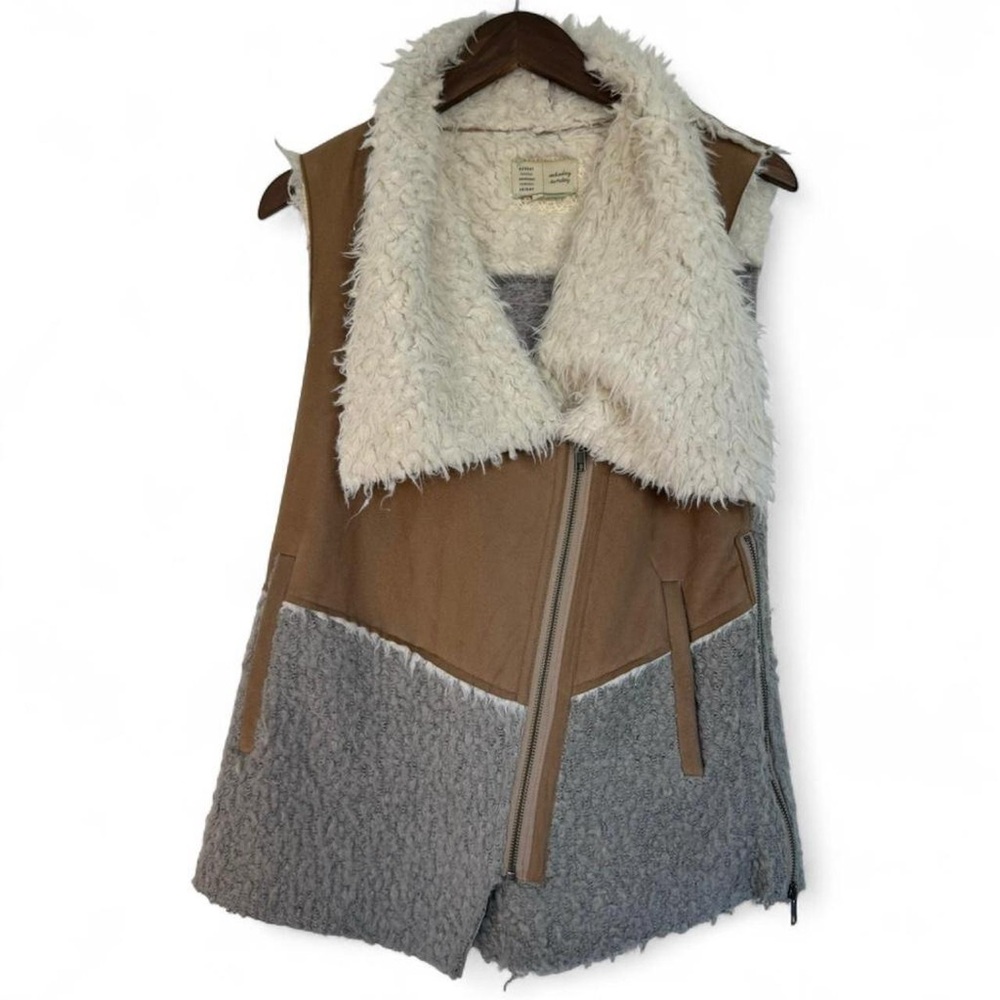 Small Anthropologie Saturday Sunday Cream Brown Gray Sherpa Moto Vest Boho